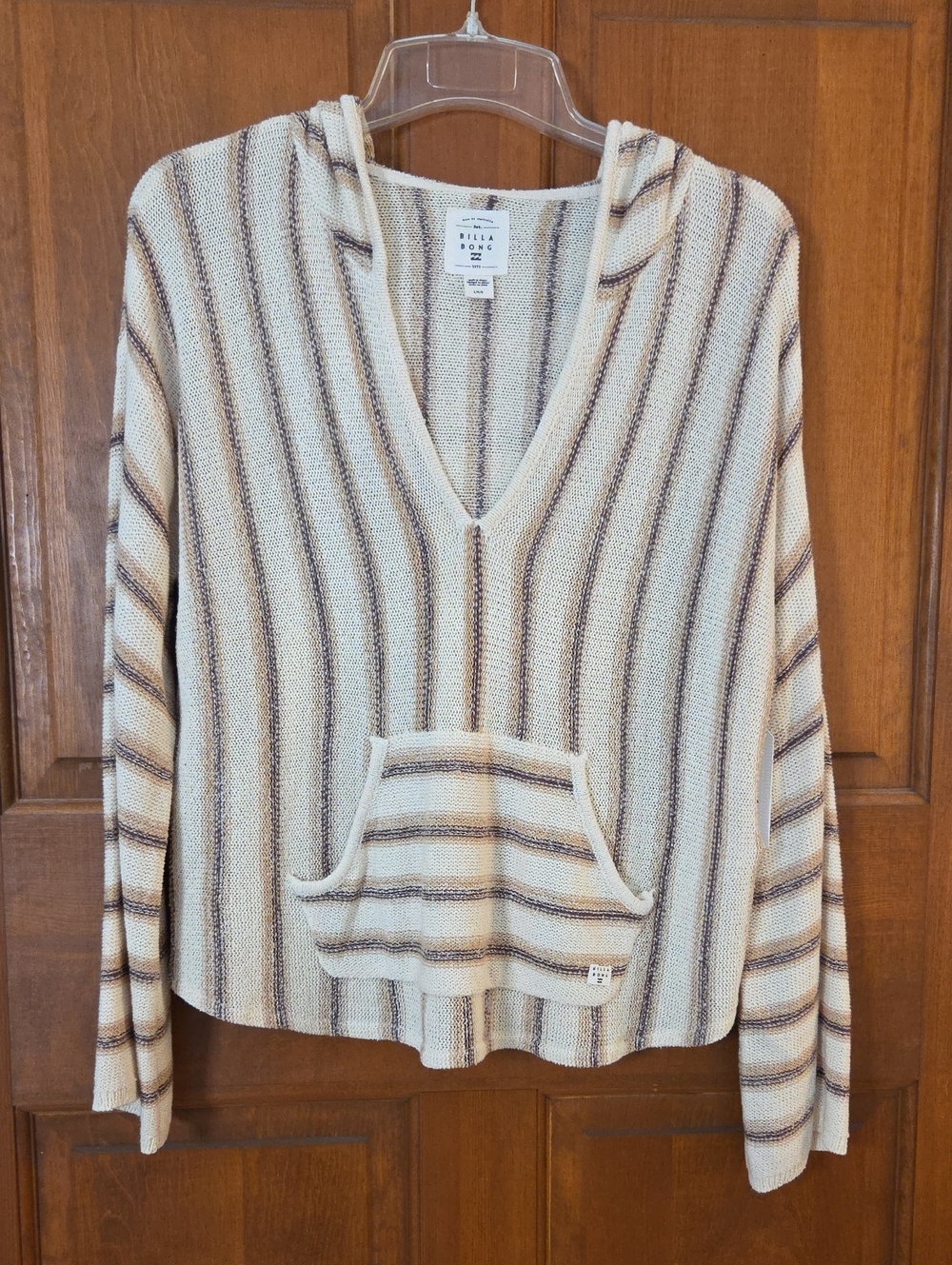 Billabong Cream Striped V-Neck Hooded Sweater